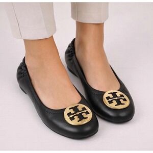 Tory Burch Reva Black Leather Ballet Flats Gold Monogram Logo Womens 6